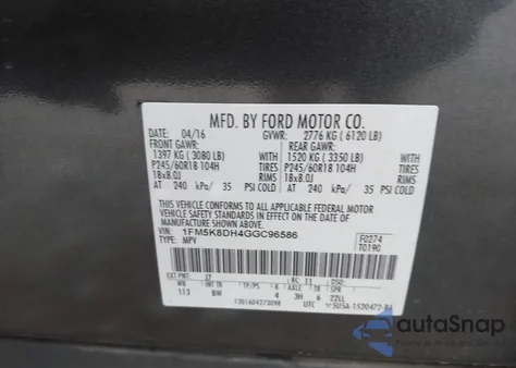 2016 Ford Explorer Xlt from USA, damaged, VIN 1FM5K8DH4GGC96586